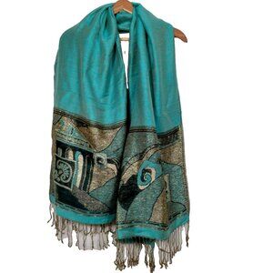 Cashmere Scarf Woven Turquoise Blue Black Metallic Gold Design Fringe Artsy Wrap